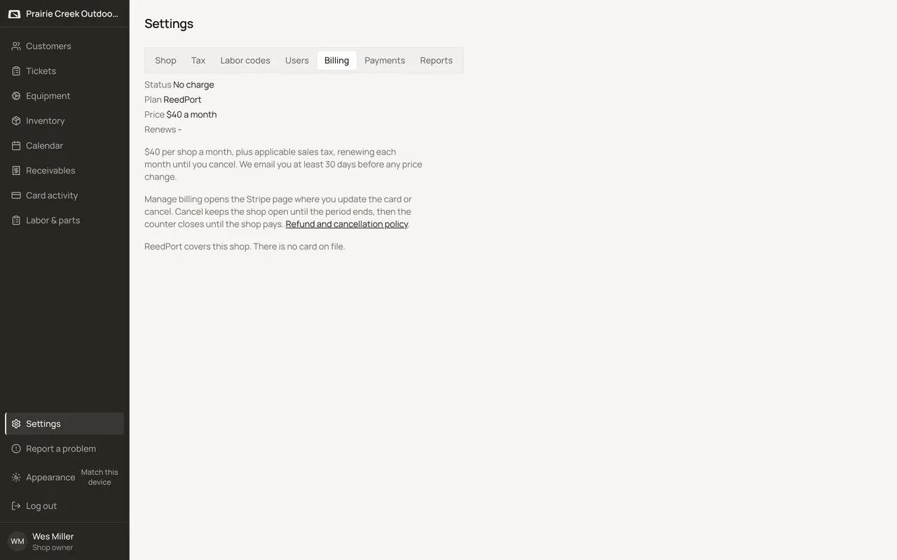 The Billing tab with Status, Plan, price, and the Pay $40 a month button. Sample shop. Made-up names and tickets.