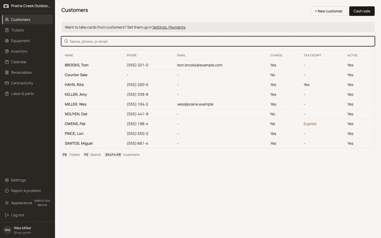 The same sidebar nav signed in as Wes Miller, the shop owner. Sample shop. Made-up names and tickets.