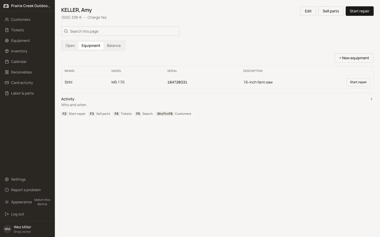 The New equipment dialog with Brand, Model, and Serial fields.