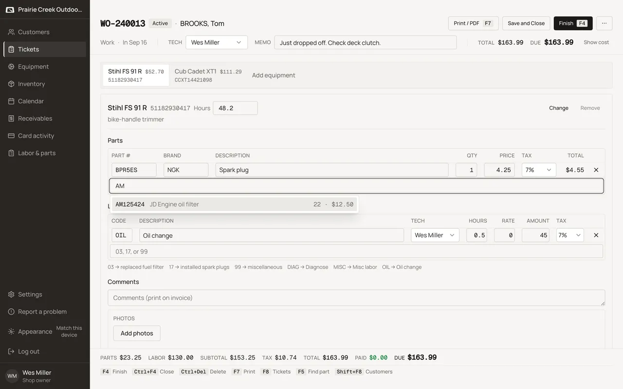A ticket's parts grid with the punch field mid-type and the match popover open. Sample shop. Made-up names and tickets.