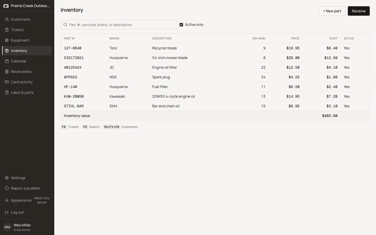 The Inventory list with the New part button. Sample shop. Made-up names and tickets.