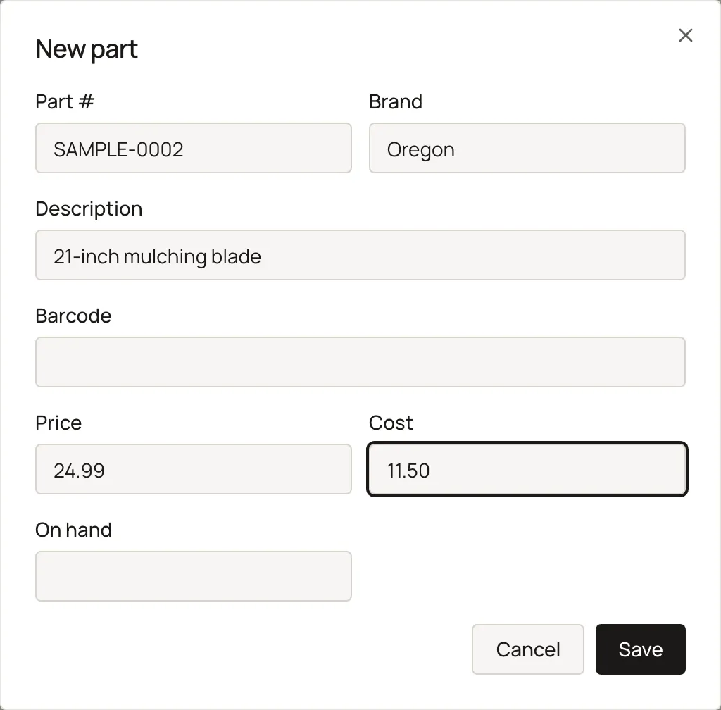 The New part dialog filled with a made-up part, not yet saved. Sample shop. Made-up names and tickets.