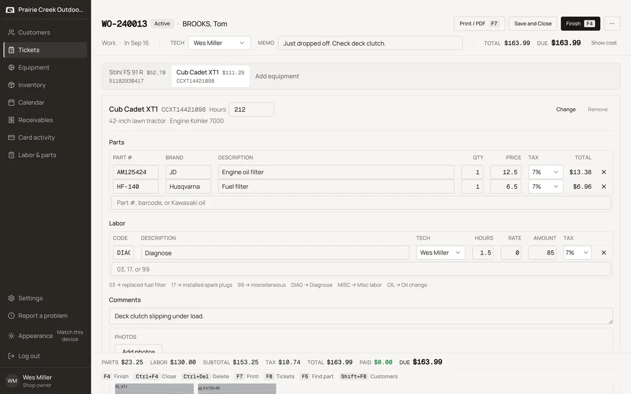 A ticket's labor grid with quick-pick code chips and an hours value already punched in. Sample shop. Made-up names and tickets.