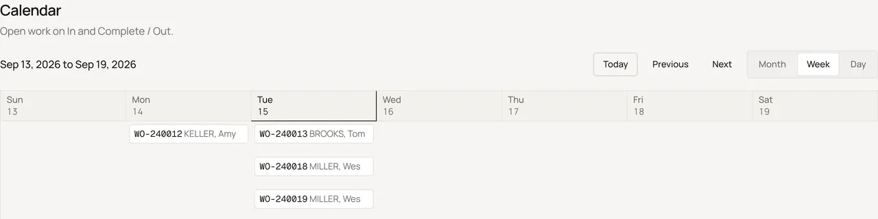 Sample shop. Calendar week view of open work orders by In and Out date.