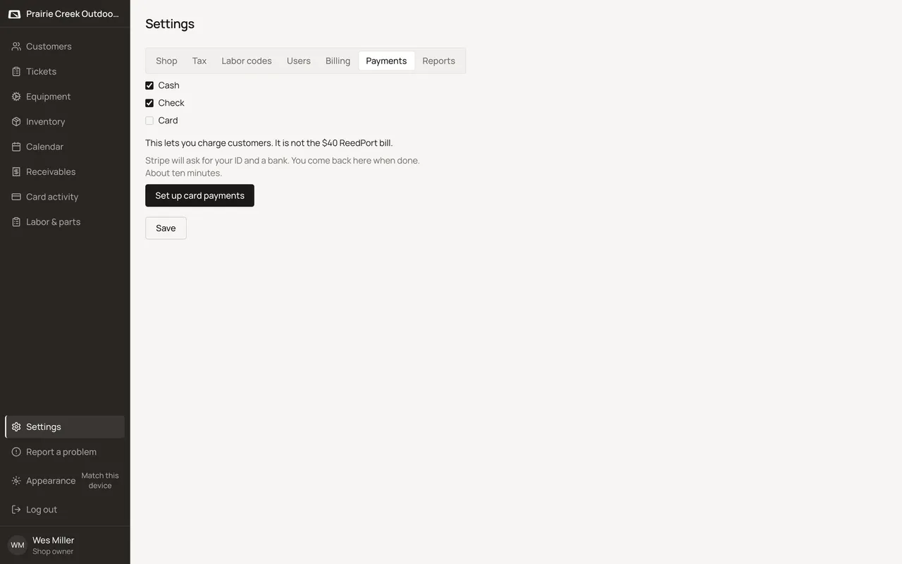The Payments tab with the Cash, Check, and Card checkboxes and the card setup copy. Sample shop. Made-up names and tickets.