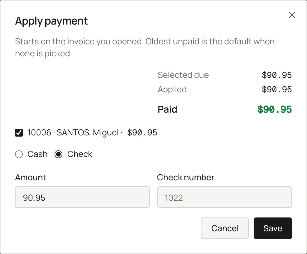 The Apply payment dialog opened from Take payment. Sample shop. Made-up names and tickets.