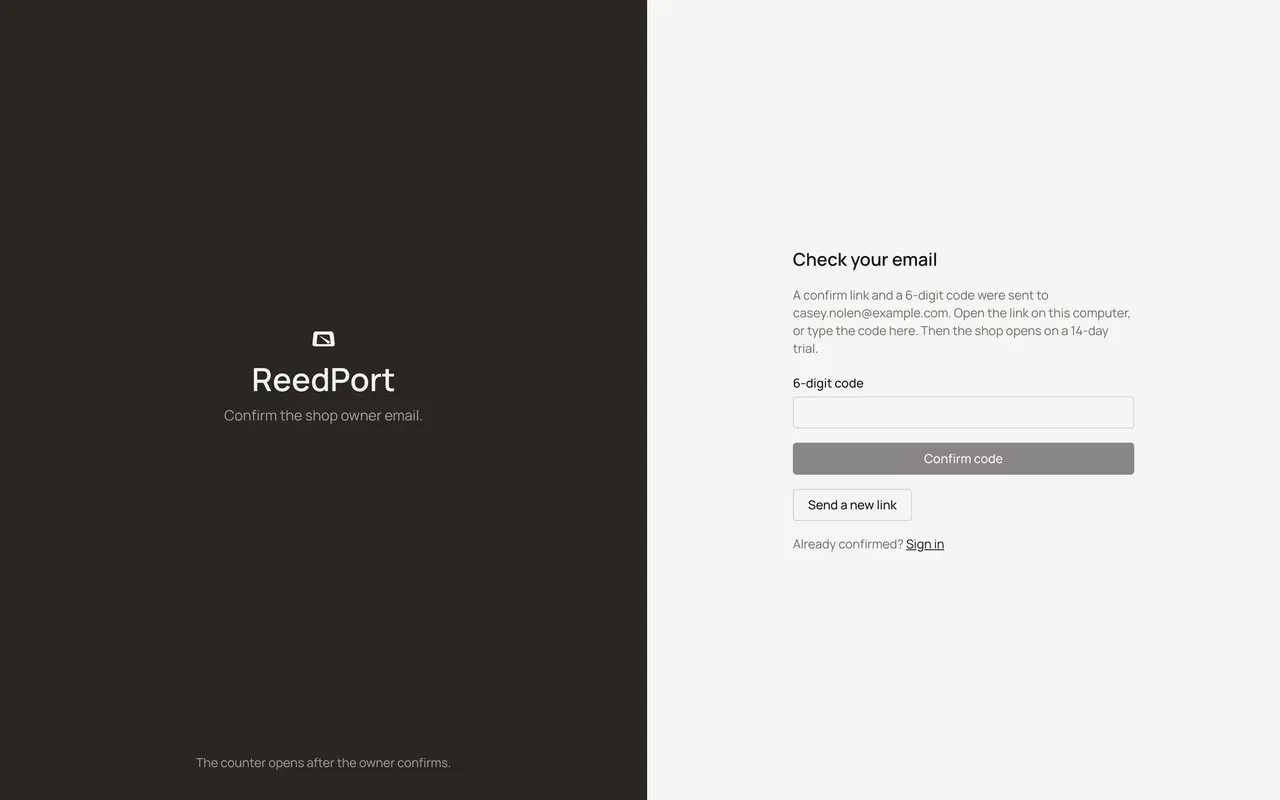 The Check your email screen with the 6-digit code field and Confirm code button.