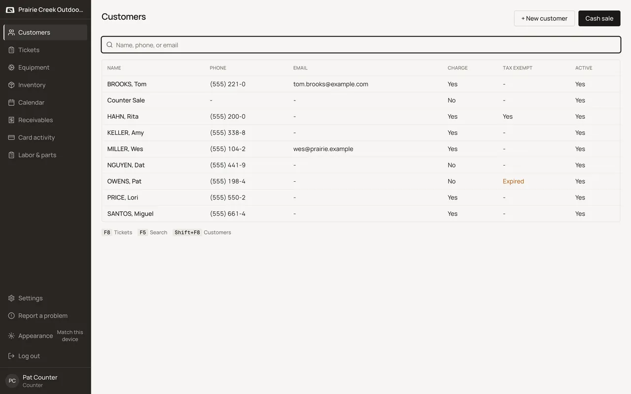 The sidebar nav signed in as Pat Counter, a counter, with every nav item visible including Settings. Sample shop. Made-up names and tickets.