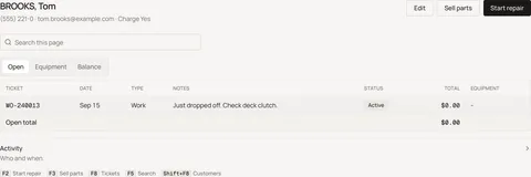 Sample shop. Customer page with Open, Equipment, and Balance tabs.