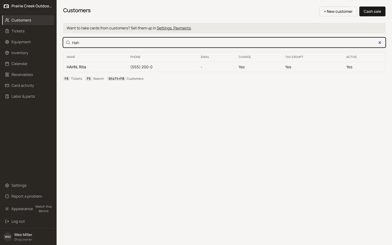 The Customers list with a name typed into the search box and the grid narrowed to matches.