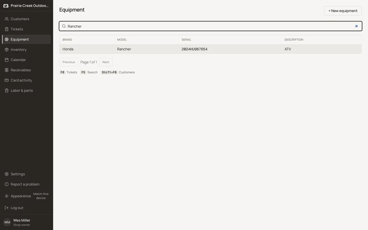 The shop-wide Equipment list with a serial typed into the search box.