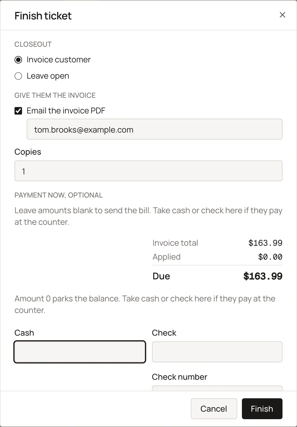 The Finish ticket dialog with Invoice customer and Leave open, the email checkbox, and the settlement fields. Sample shop. Made-up names and tickets.