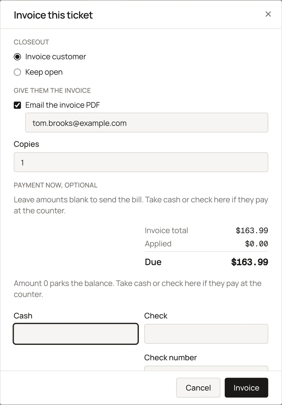 Sample shop. Finish dialog with Email the invoice PDF, copies, and cash or check fields.