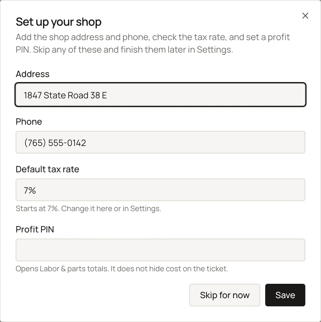 The first-run prompt on Customers with shop address and tax fields filled in inline.