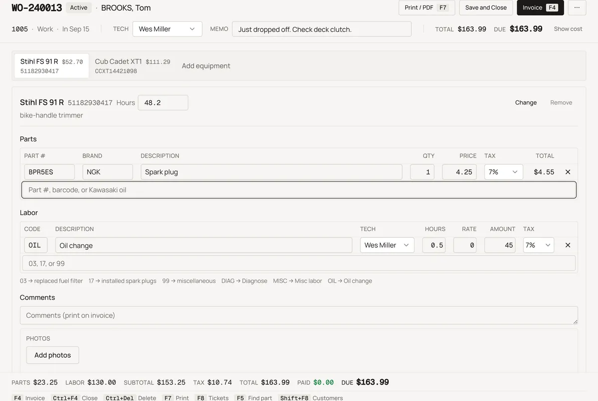 Sample shop. Open ticket for a Stihl FS 91 R trimmer and a Cub Cadet XT1: the ticket header with total and due, a tab for each machine, the machine line with serial and hours, and the parts and labor grid.