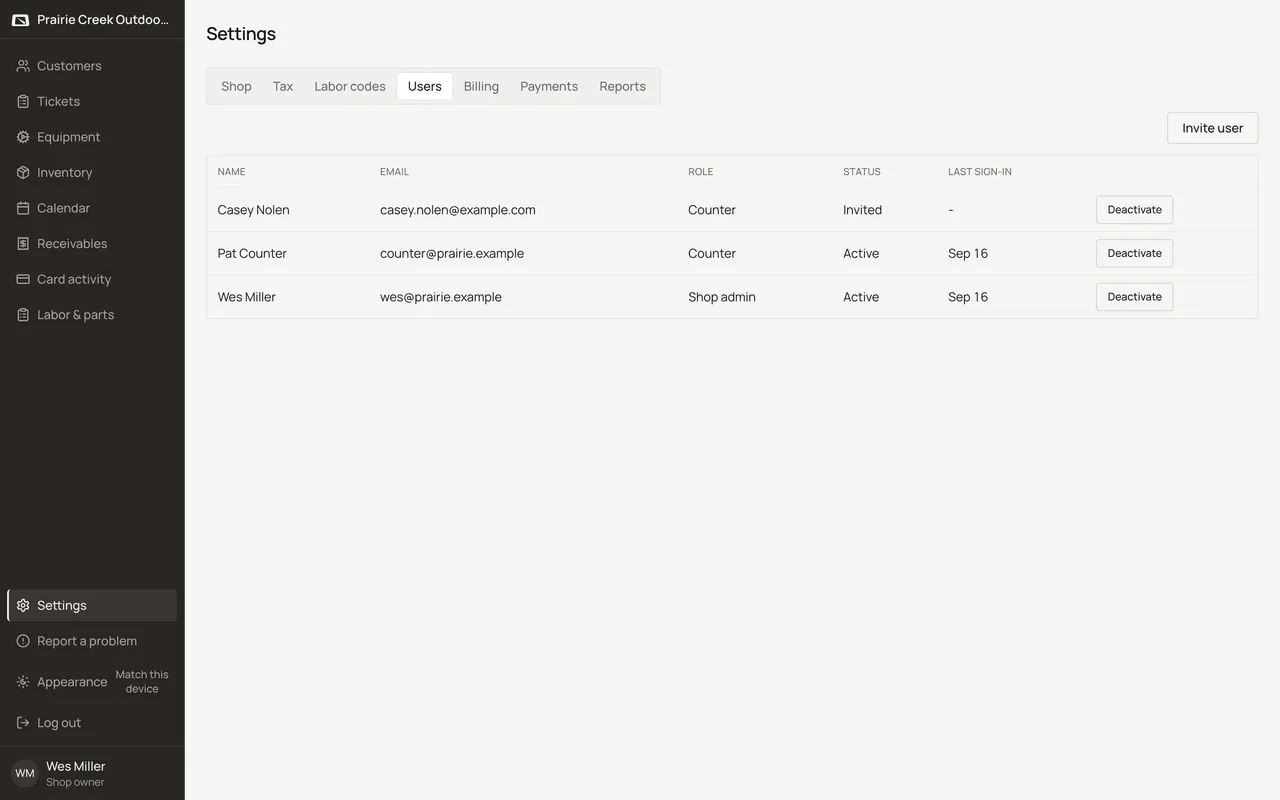 The Users tab with the users table and the Invite user button. Sample shop. Made-up names and tickets.