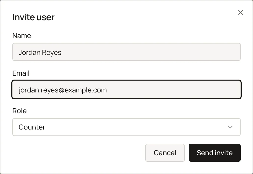 The Invite user dialog with Name, Email, and Role fields. Sample shop. Made-up names and tickets.