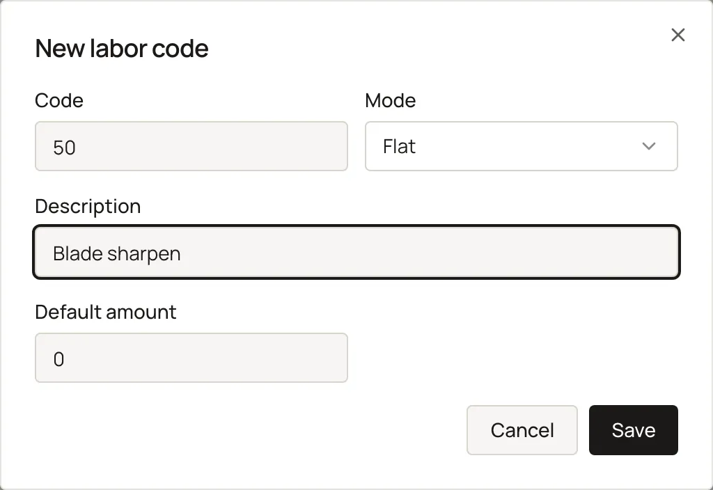 The New labor code dialog with Code, Mode, Description, and the Flat or Hourly amount fields. Sample shop. Made-up names and tickets.