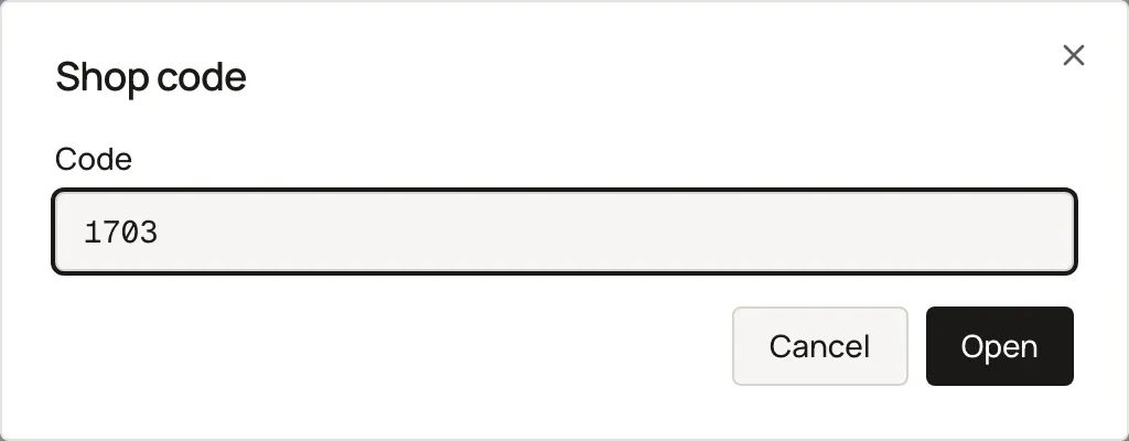 The Shop code dialog over Labor and parts. Sample shop. Made-up names and tickets.