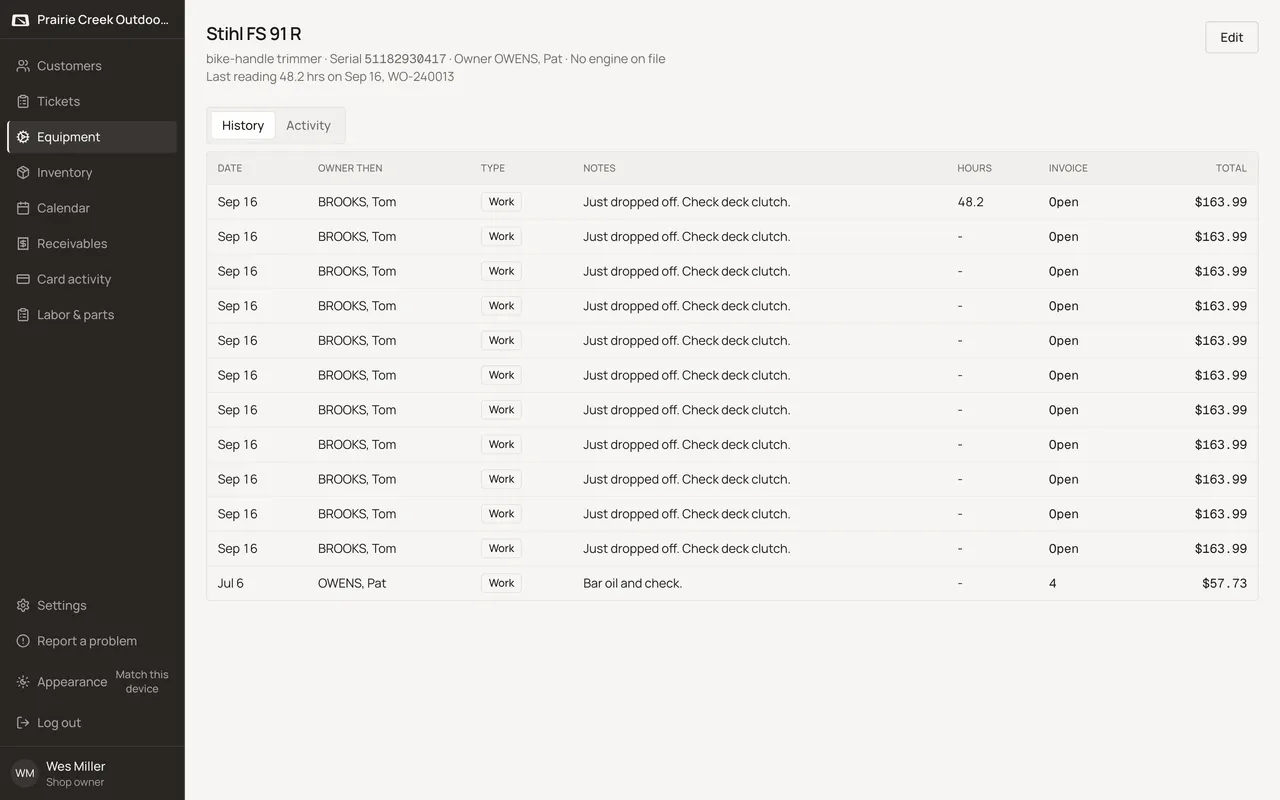 A machine's History tab listing tickets across two different owners.