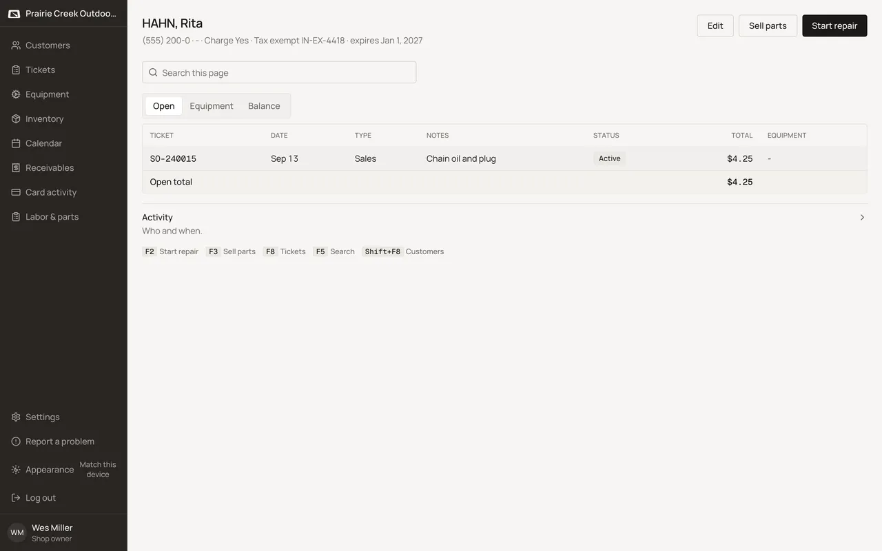 A customer page's Open tab listing their open tickets.