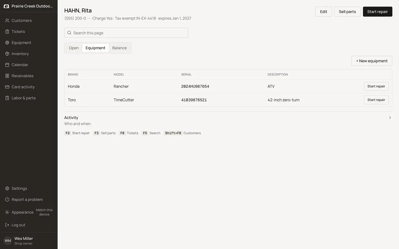 A customer page's Balance tab with an aging strip and unpaid invoices.