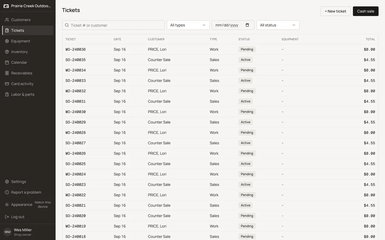 The shop-wide Tickets list with type and status filters. Sample shop. Made-up names and tickets.