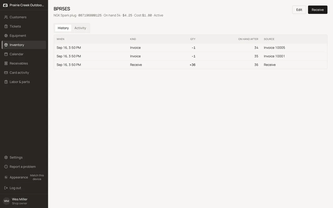 A part's detail page, History tab, listing its stock movements. Sample shop. Made-up names and tickets.
