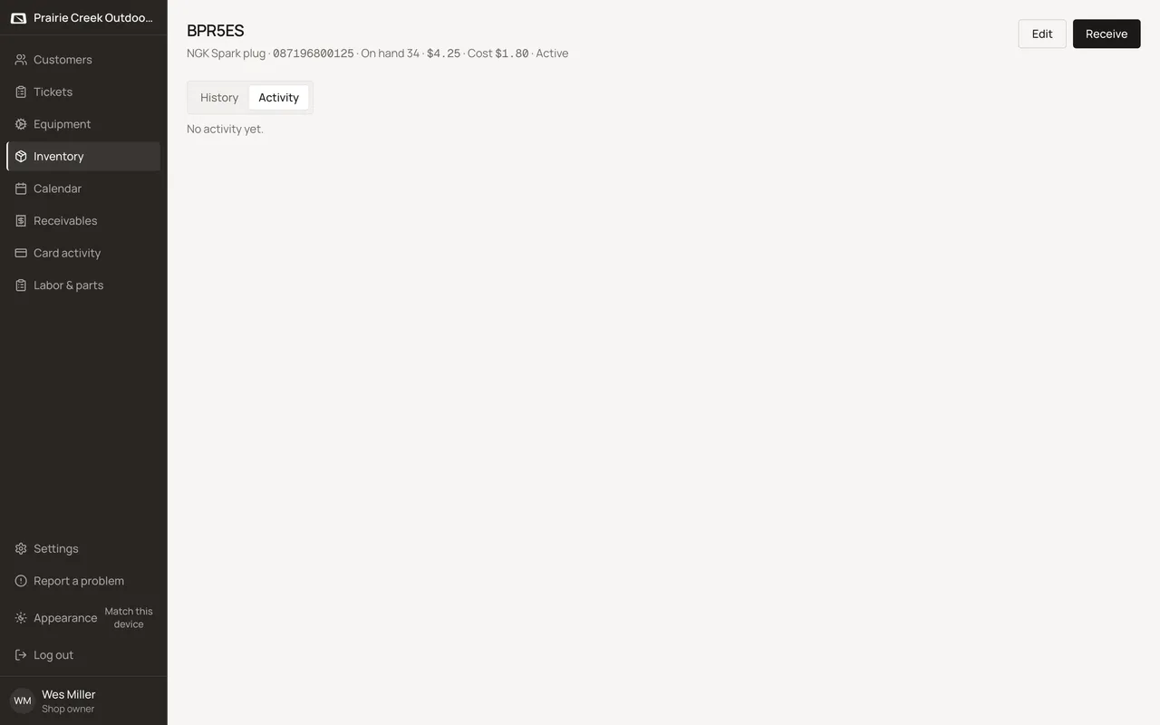 The same part's Activity tab, a who-and-when timeline. Sample shop. Made-up names and tickets.