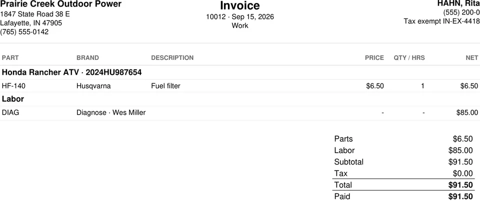 Sample shop. Printed invoice PDF with the shop header, parts and labor, and a tax-exempt line.