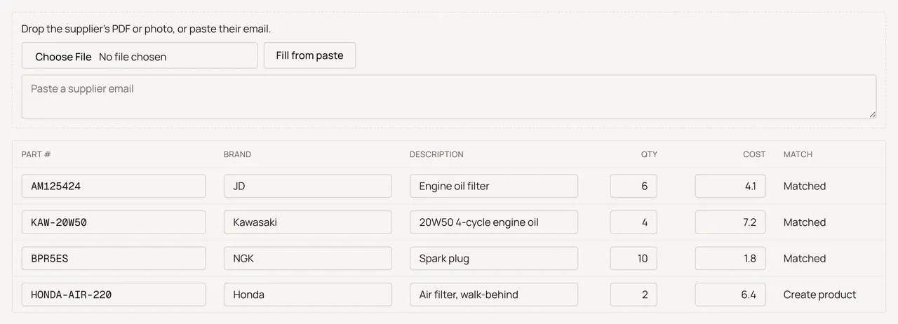 Sample shop. Receive page with the drop zone, the paste box, and a filled review table.