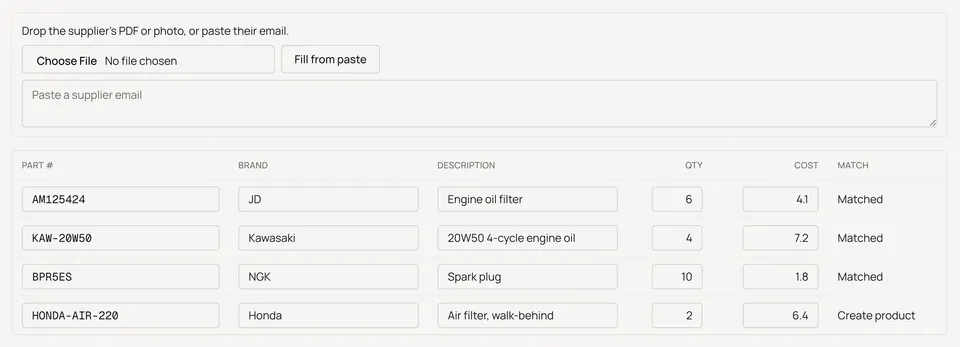 Sample shop. Receive page with the drop zone, the paste box, and a filled review table.