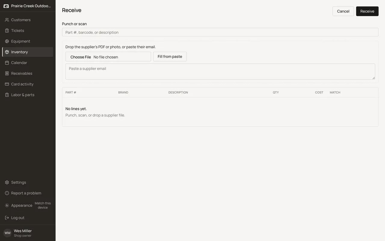 The Receive page with an empty punch field and the drop-a-supplier-file zone. Sample shop. Made-up names and tickets.