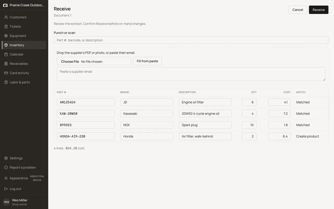 The Receive review table filled in from a supplier file, not yet confirmed. Sample shop. Made-up names and tickets.