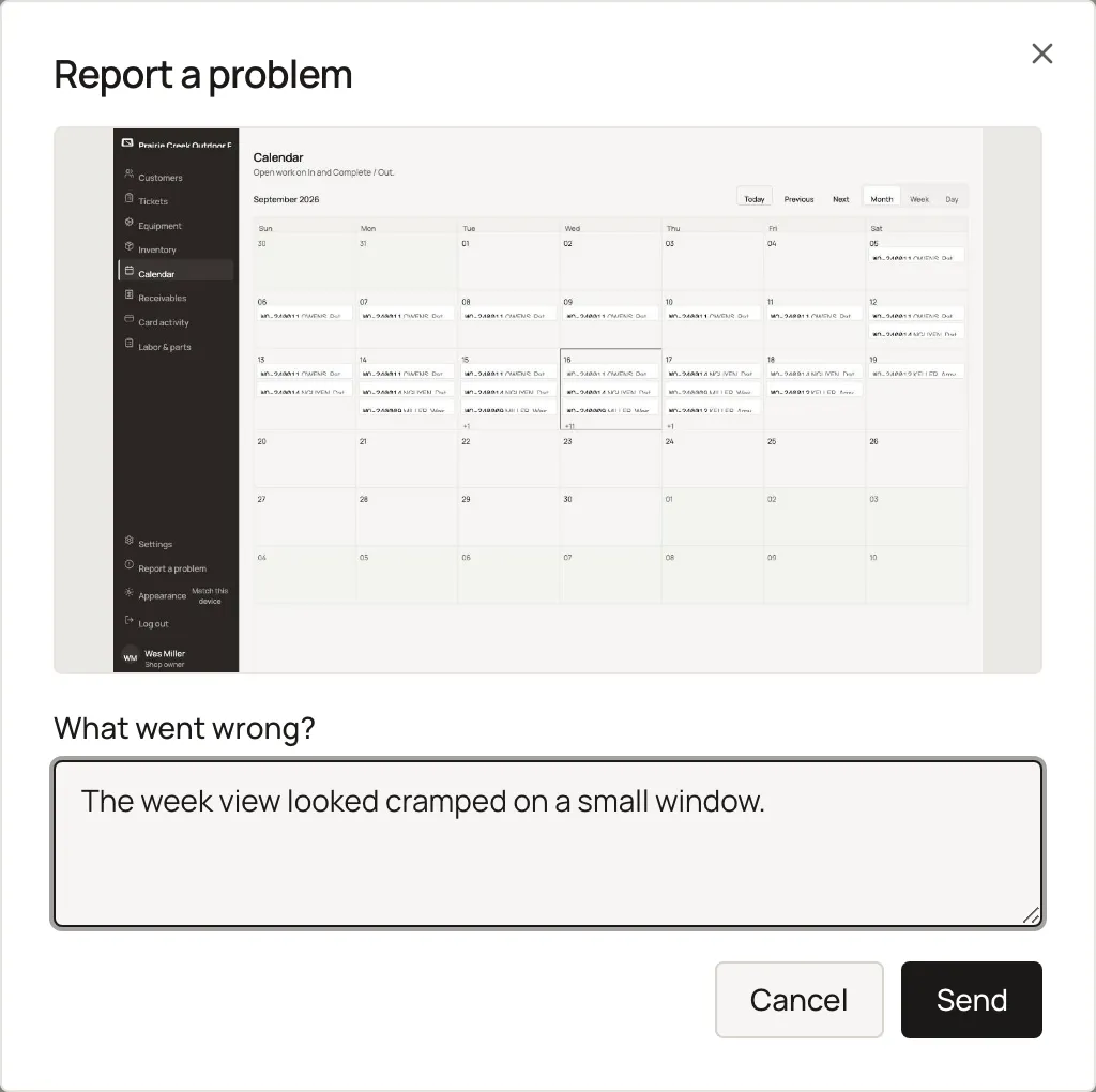 The Report a problem dialog with the auto-captured screenshot and the What went wrong box. Sample shop. Made-up names and tickets.