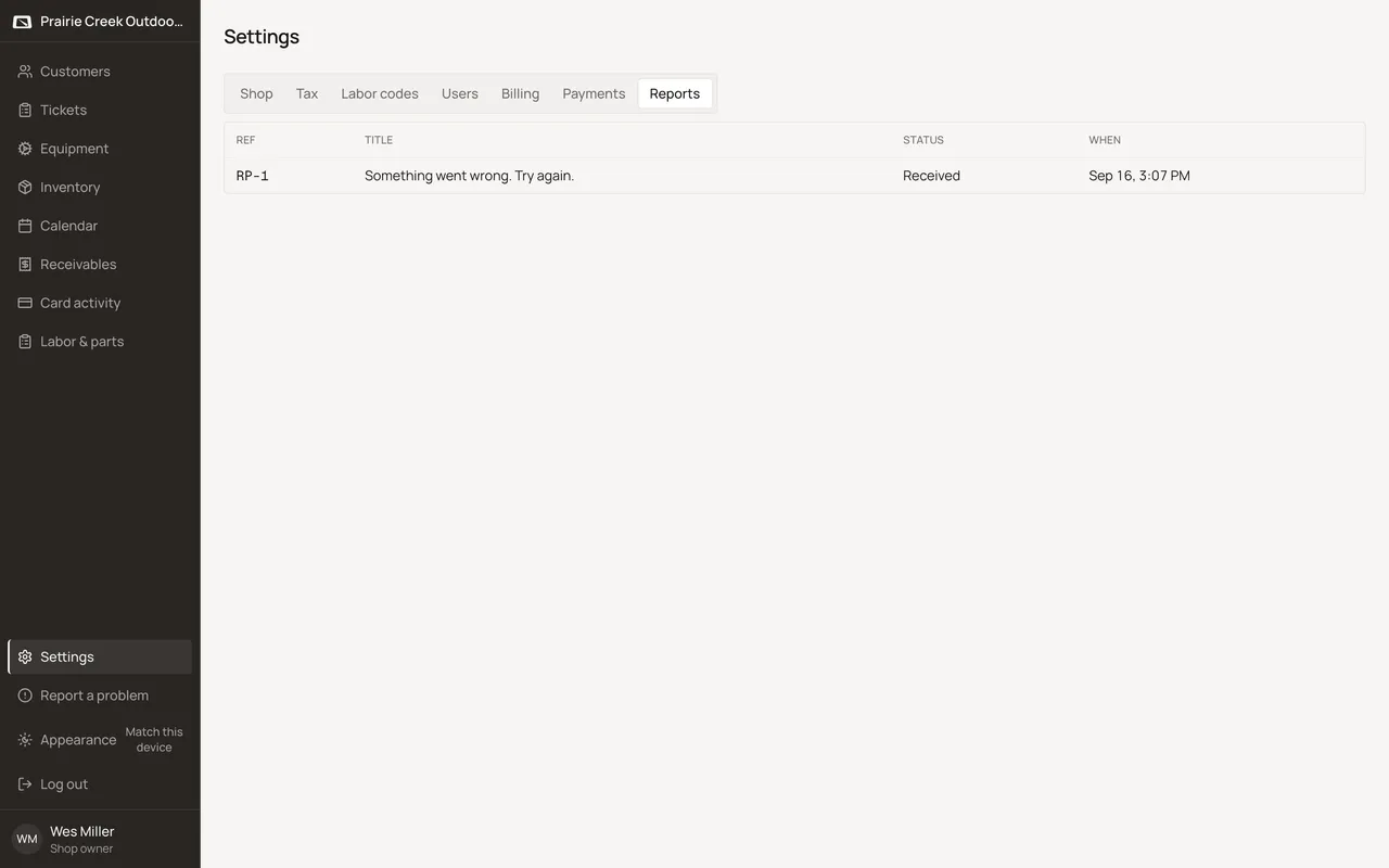 The Settings Reports tab listing a submitted report with its reference, title, status, and time. Sample shop. Made-up names and tickets.
