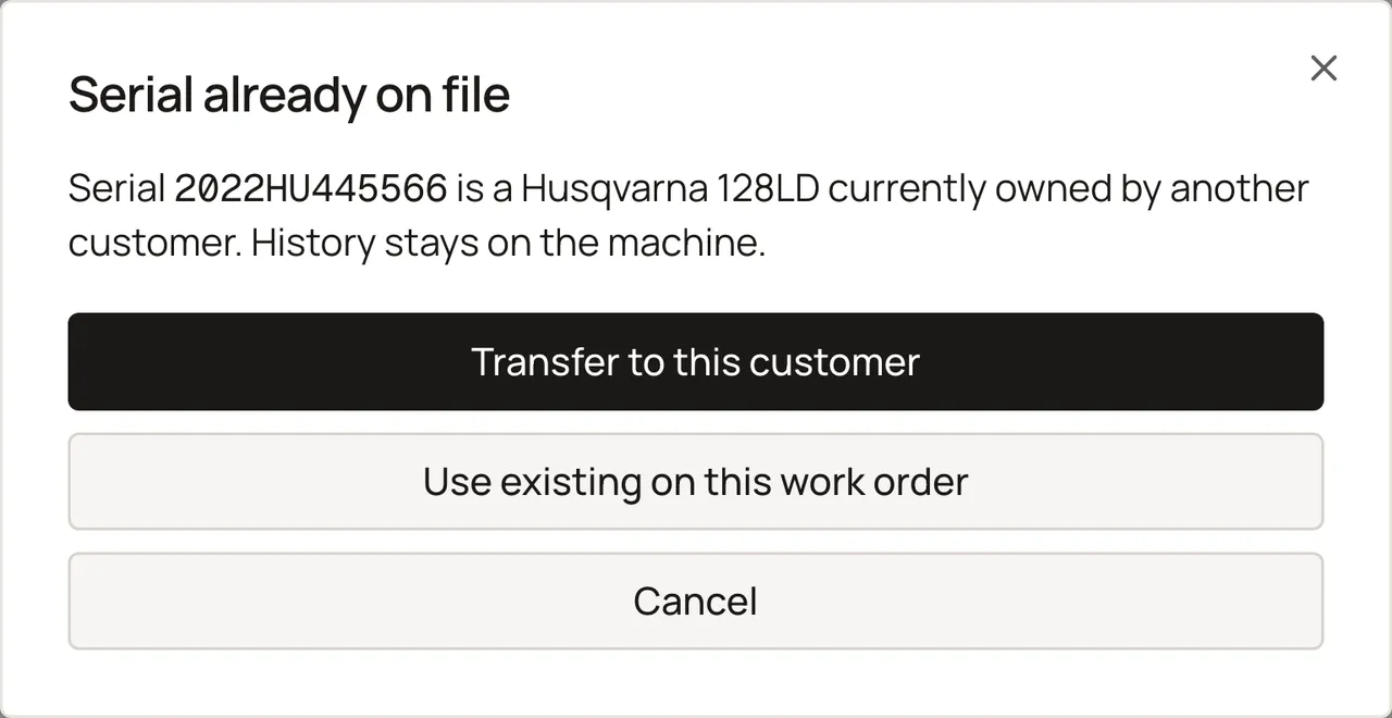 Sample shop. Alert when a serial is already on file under a different owner.