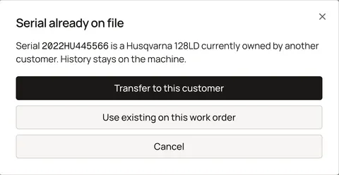 Sample shop. The serial-clash alert when a serial is already on file under a different owner.