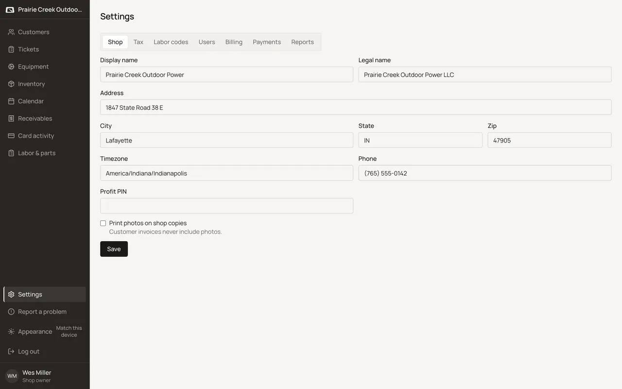 The Shop tab with Display name, Legal name, Address, Timezone, Phone, and Profit PIN fields. Sample shop. Made-up names and tickets.