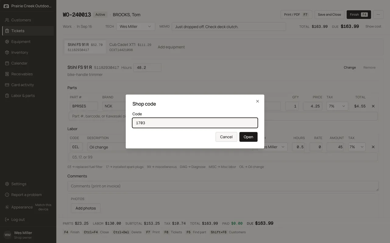 A ticket with the Cost, Profit, and Net columns revealed after unlock. Sample shop. Made-up names and tickets.