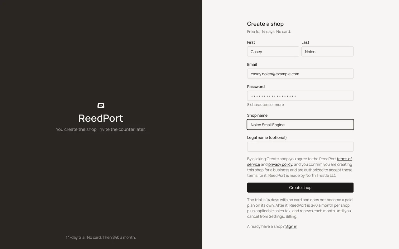 The Create shop sign-up form with name, email, password, and shop name fields.
