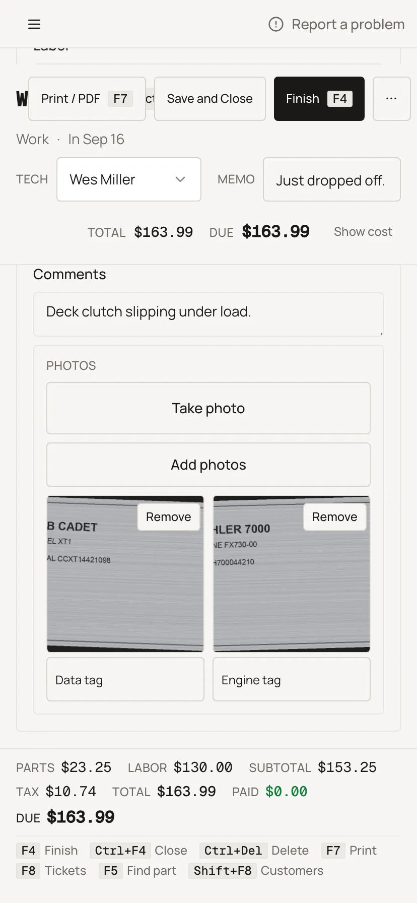 A ticket's parts punch field with the Camera scan button on a phone-sized screen. Sample shop. Made-up names and tickets.
