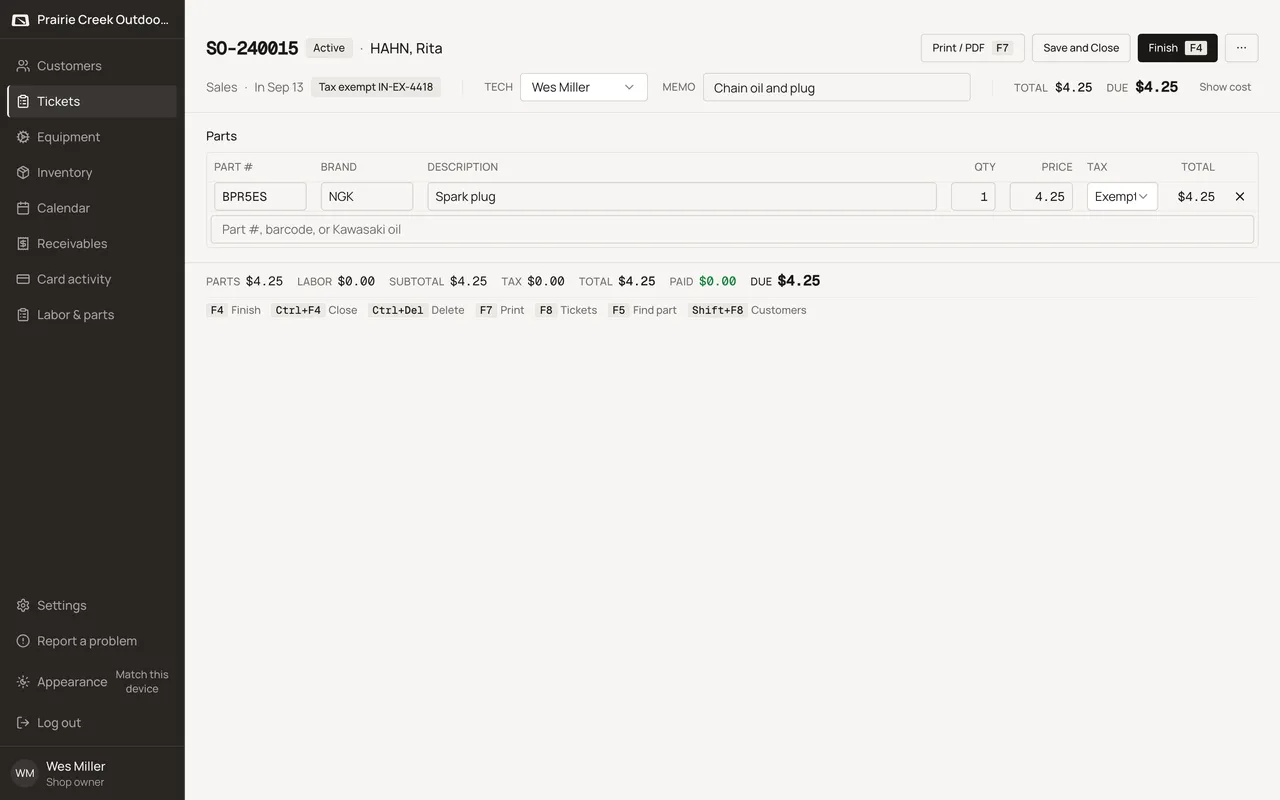 An active sales ticket with the per-line tax select defaulting to Exempt. Sample shop. Made-up names and tickets.