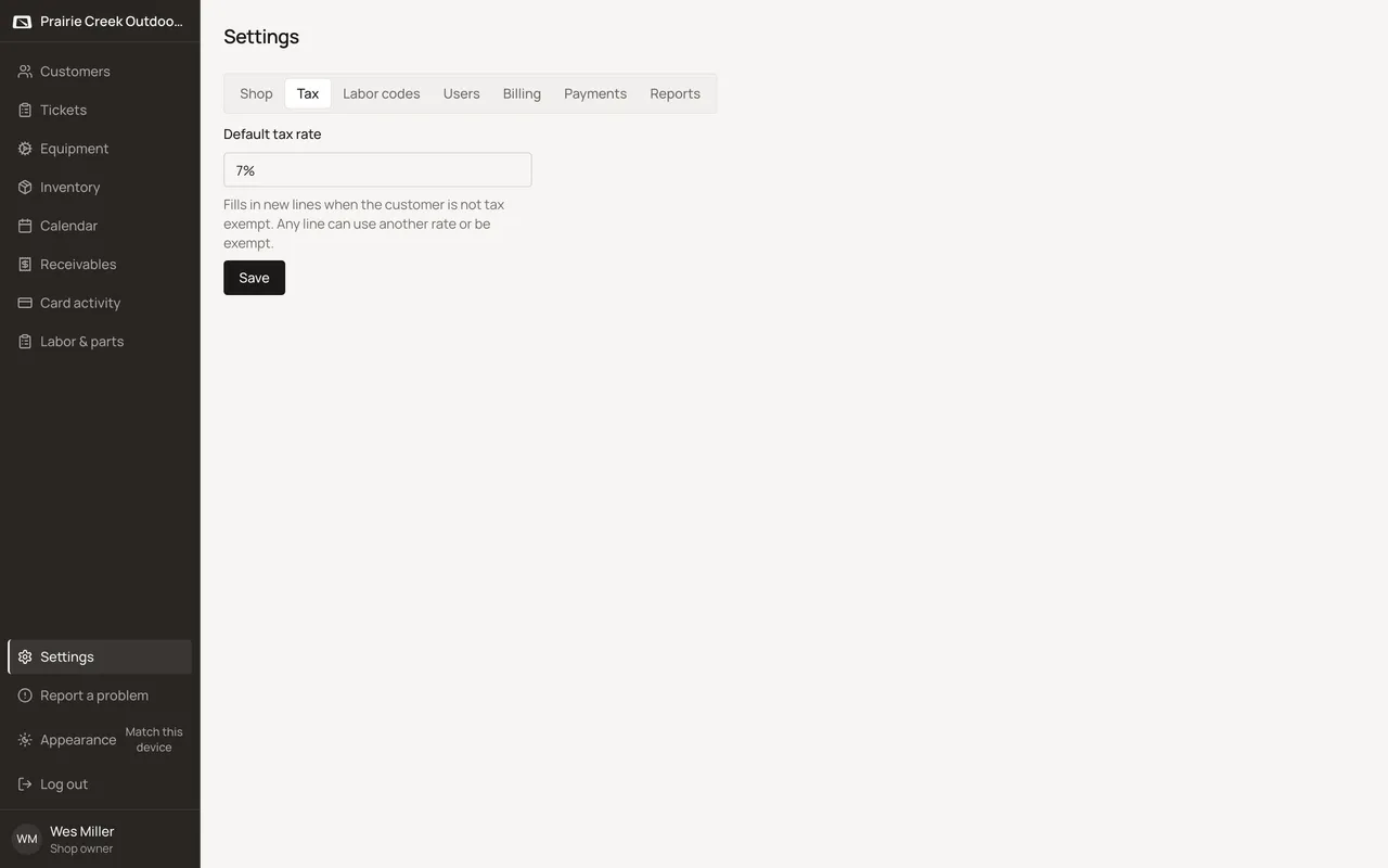 The Tax tab with the Default tax rate field. Sample shop. Made-up names and tickets.