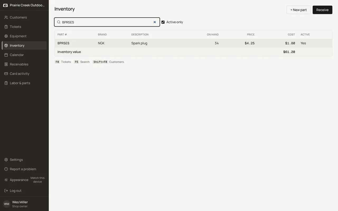 The Inventory list filtered to one part, with the Cost column visible and no PIN gate. Sample shop. Made-up names and tickets.