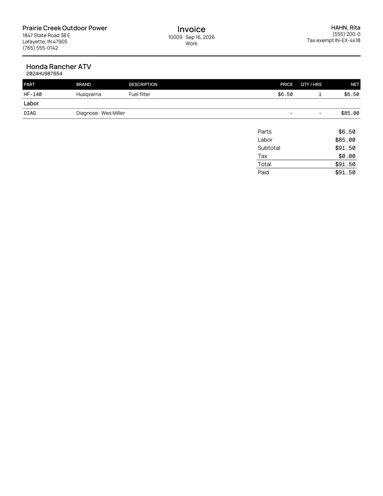 A generated invoice PDF for a tax-exempt customer's finished ticket. Sample shop. Made-up names and tickets.