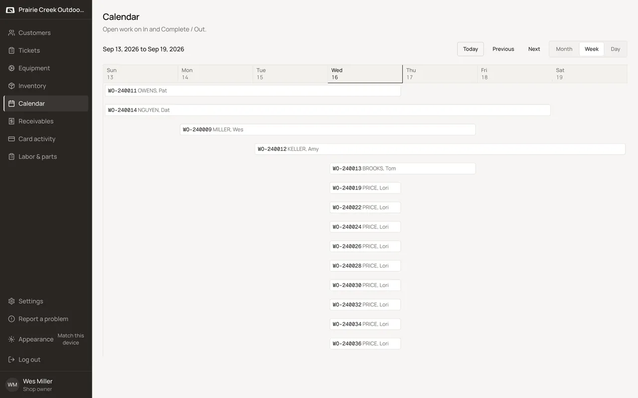 The calendar's Week view with spanning bars for open tickets. Sample shop. Made-up names and tickets.