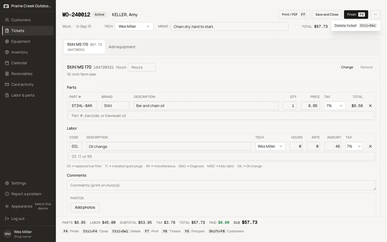 A ticket header's overflow menu open, showing Delete ticket. Sample shop. Made-up names and tickets.