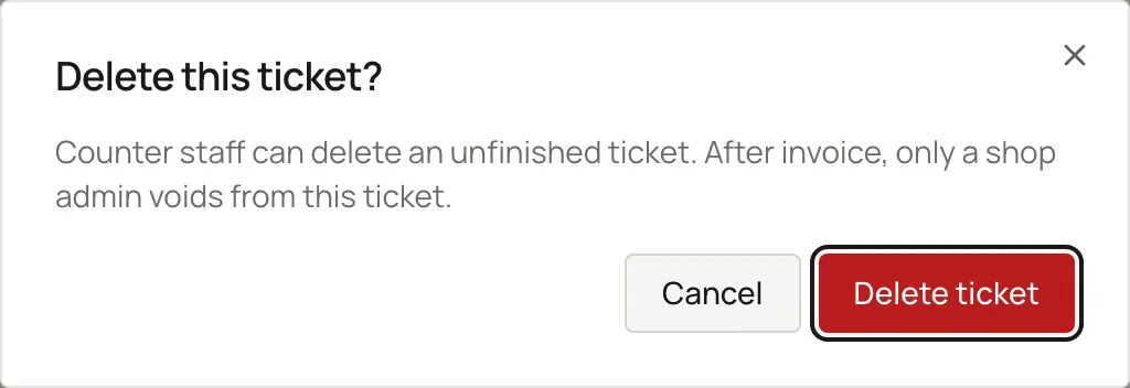 The Delete this ticket confirm dialog. Sample shop. Made-up names and tickets.
