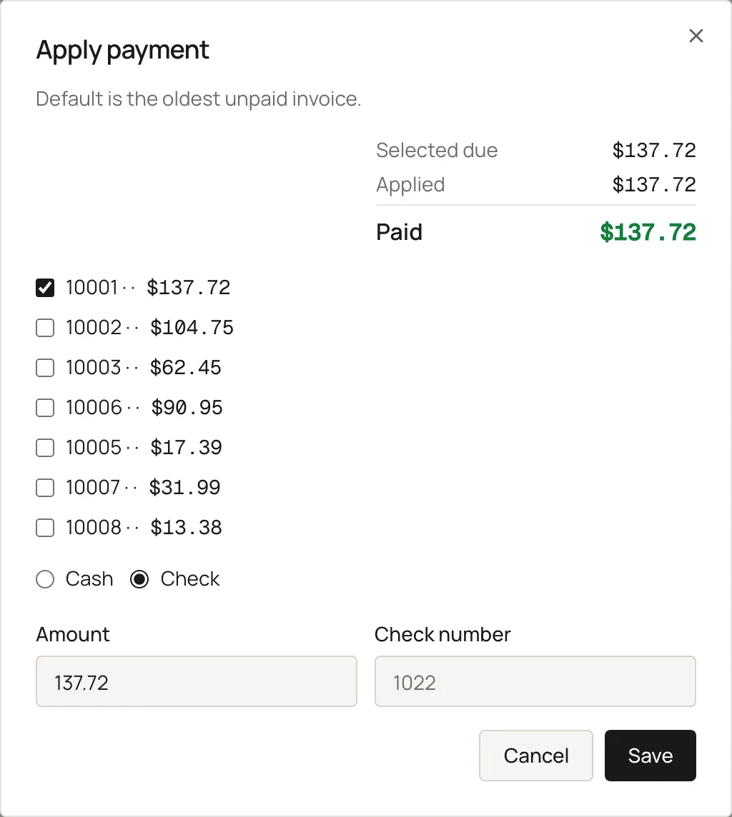 The Apply payment dialog opened from Receivables. Sample shop. Made-up names and tickets.